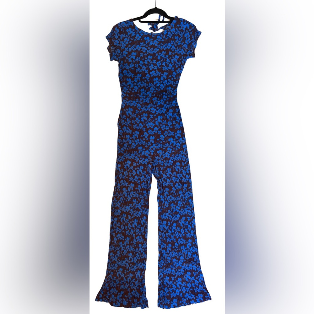 Free People “Two Paths” Smocked Blue & Brown Floral Jumpsuit Size S - Picture 2 of 11
